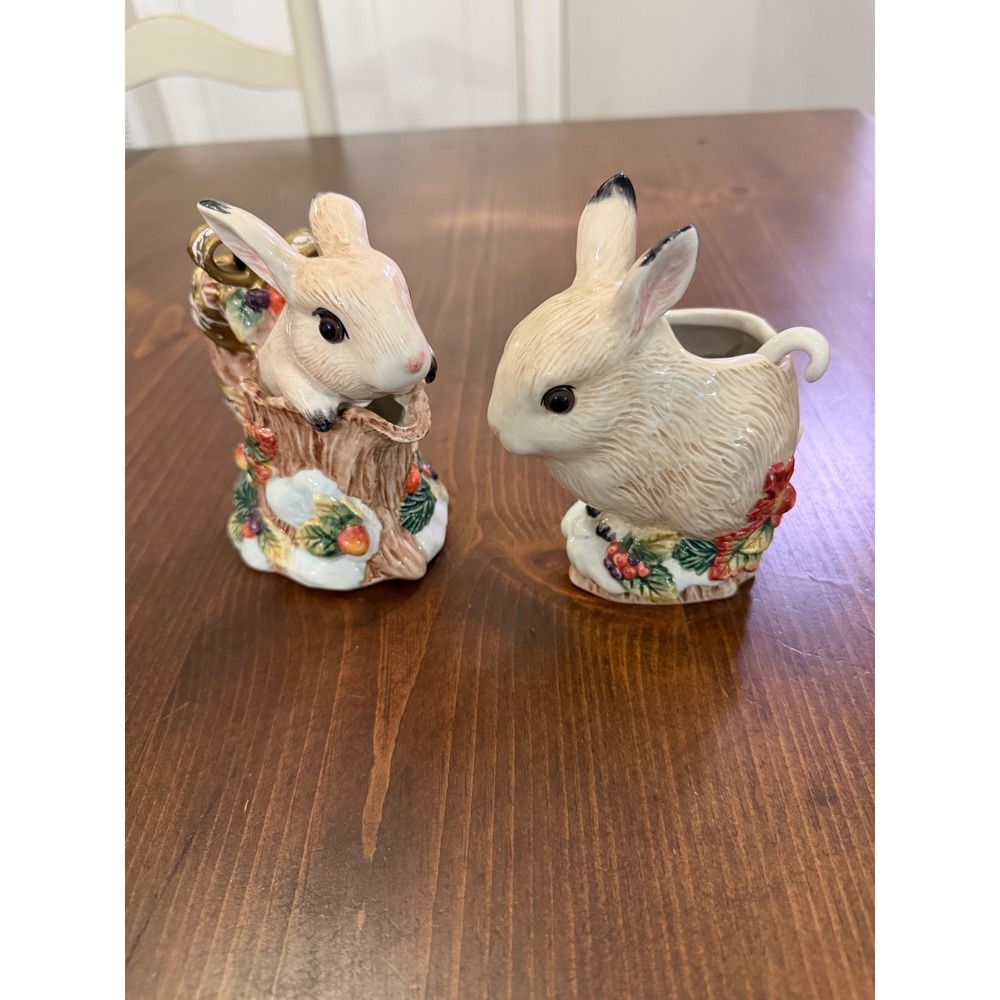 Vintage Ceramic Bunny Rabbit Cream and Sugar Set with Spoon Holiday Woodland